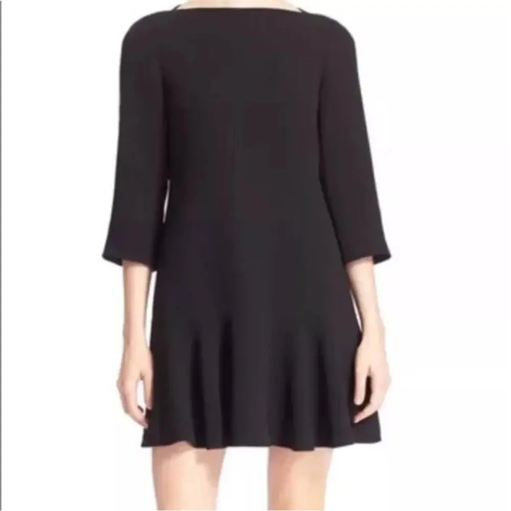 Kate Spade Black Crepe Flounce Dress Solid Size 8 Bateau Boat Neck Mini Elegant